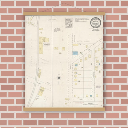 Old map wall art mockup — magnetic wood frame on brick wall — Sanborn Fire Insurance Map from Highland, San Bernardino County, California (1918), Sheet #0001