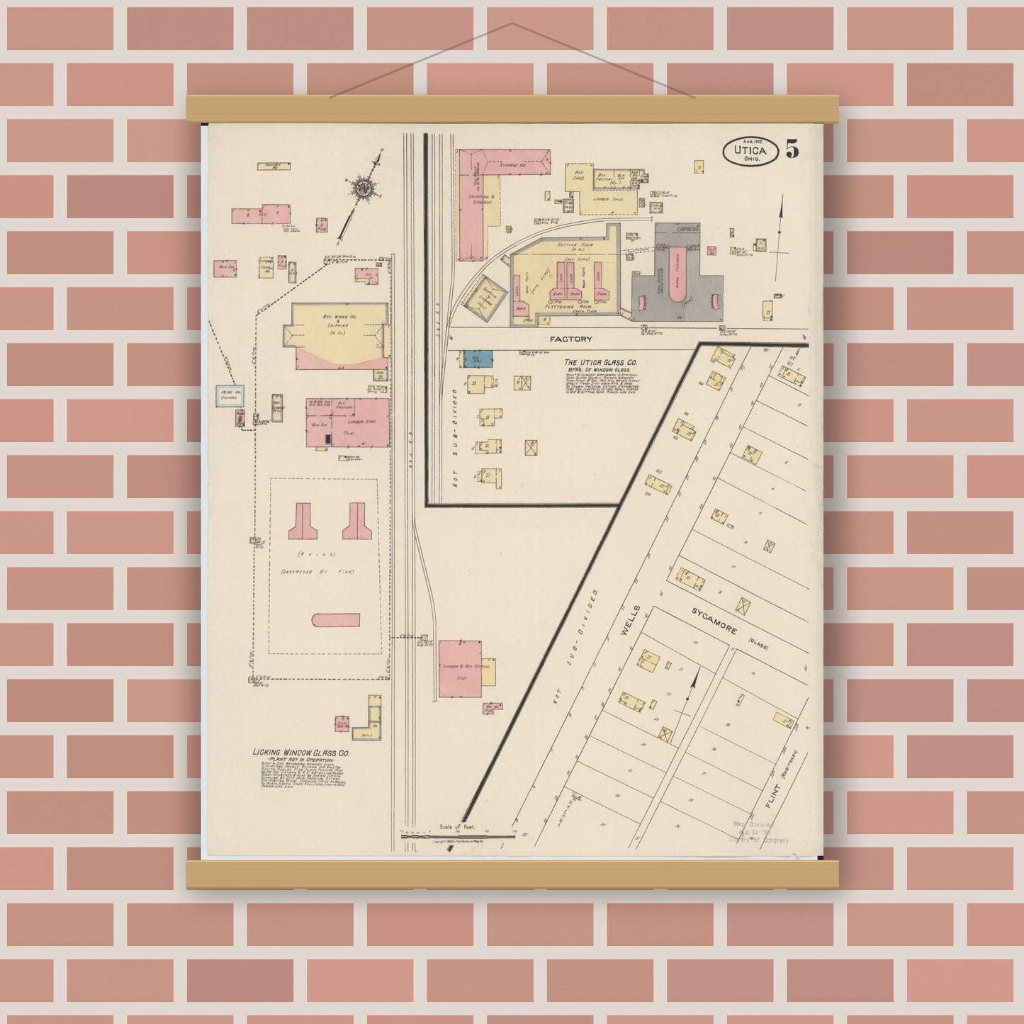 Old map wall art mockup — magnetic wood frame on brick wall — Sanborn Fire Insurance Map from Utica, Licking County, Ohio (1922), Sheet #0005