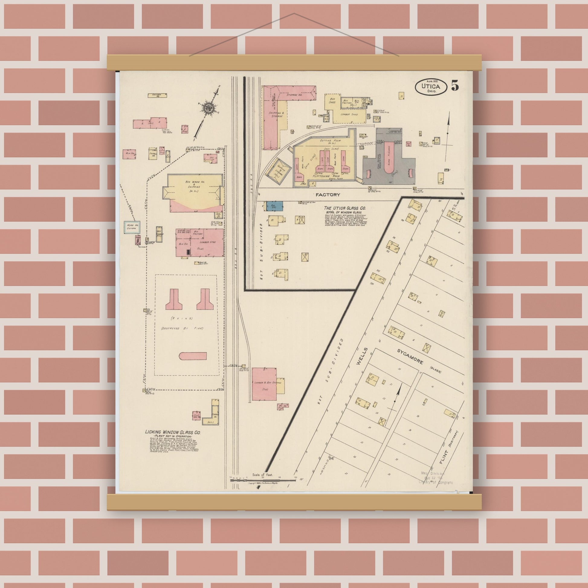 Old map wall art mockup — magnetic wood frame on brick wall — Sanborn Fire Insurance Map from Utica, Licking County, Ohio (1922), Sheet #0005
