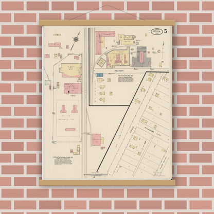 Old map wall art mockup — magnetic wood frame on brick wall — Sanborn Fire Insurance Map from Utica, Licking County, Ohio (1922), Sheet #0005