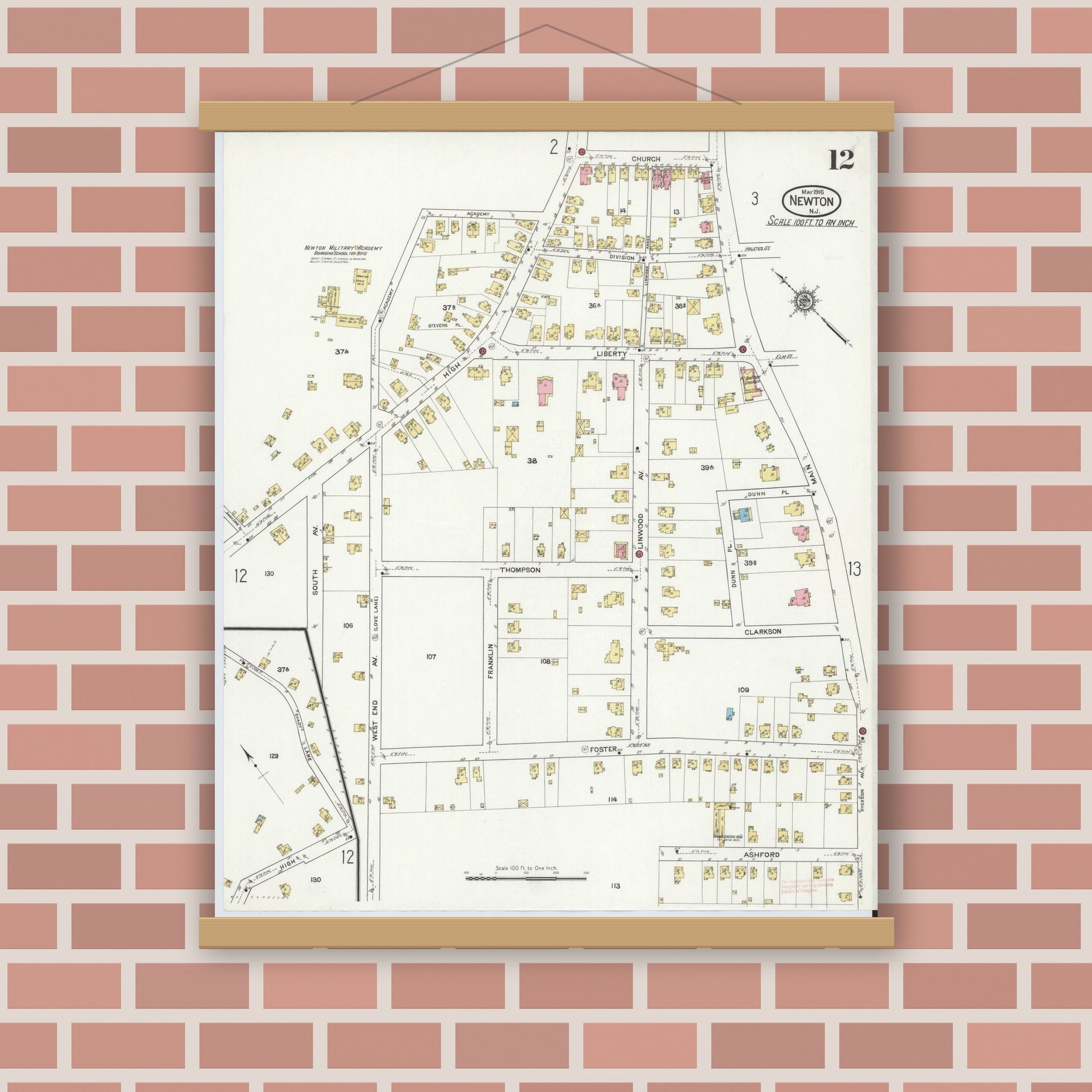 Old map wall art mockup — magnetic wood frame on brick wall — Sanborn Fire Insurance Map from Newton, Sussex County, New Jersey (1916), Sheet #0012