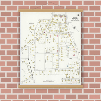 Old map wall art mockup — magnetic wood frame on brick wall — Sanborn Fire Insurance Map from Newton, Sussex County, New Jersey (1916), Sheet #0012