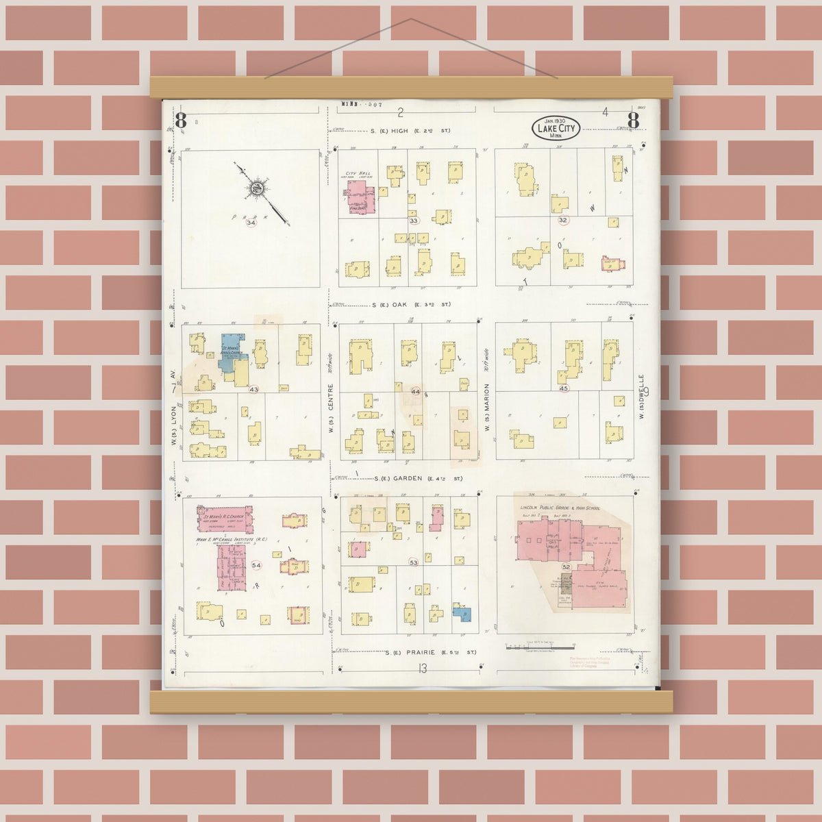 Old map wall art mockup — magnetic wood frame on brick wall — Sanborn Fire Insurance Map from Lake City, Wabasha County, Minnesota (1938), Sheet #0008