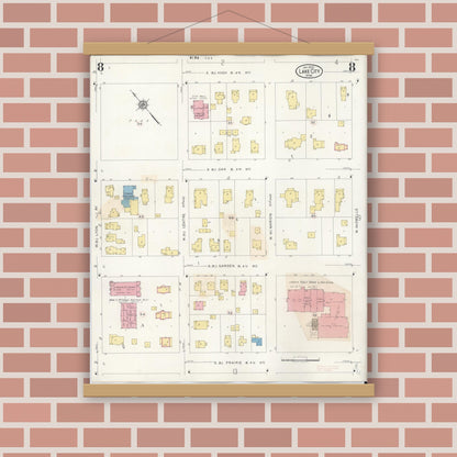 Old map wall art mockup — magnetic wood frame on brick wall — Sanborn Fire Insurance Map from Lake City, Wabasha County, Minnesota (1938), Sheet #0008