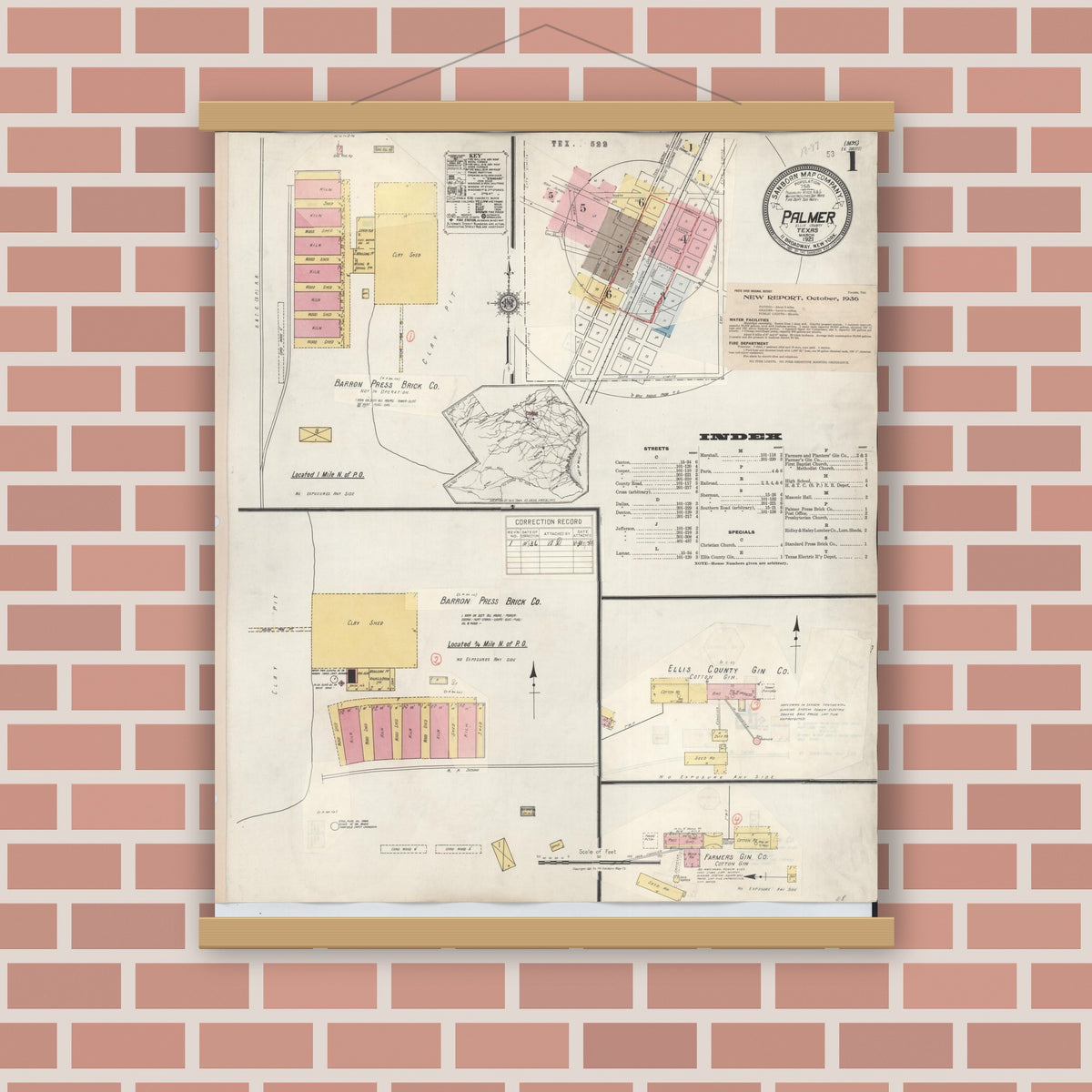 Old map wall art mockup — magnetic wood frame on brick wall — Sanborn Fire Insurance Map from Palmer, Ellis County, Texas (1936), Sheet #0001