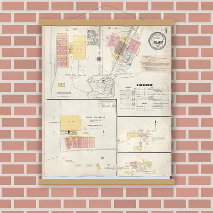 Old map wall art mockup — magnetic wood frame on brick wall — Sanborn Fire Insurance Map from Palmer, Ellis County, Texas (1936), Sheet #0001