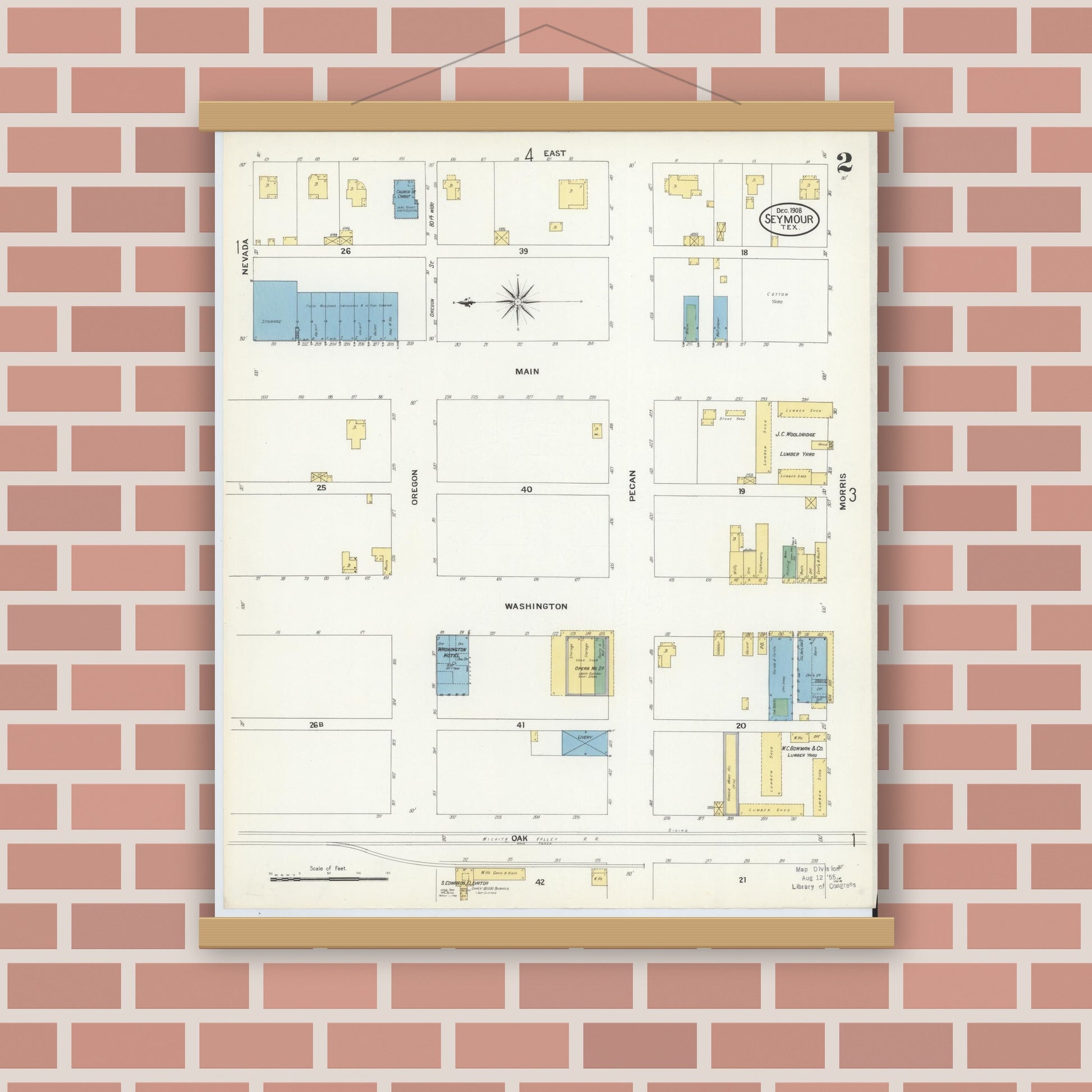 Old map wall art mockup — magnetic wood frame on brick wall — Sanborn Fire Insurance Map from Seymour, Baylor County, Texas (1908), Sheet #0002