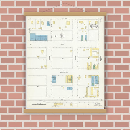 Old map wall art mockup — magnetic wood frame on brick wall — Sanborn Fire Insurance Map from Seymour, Baylor County, Texas (1908), Sheet #0002