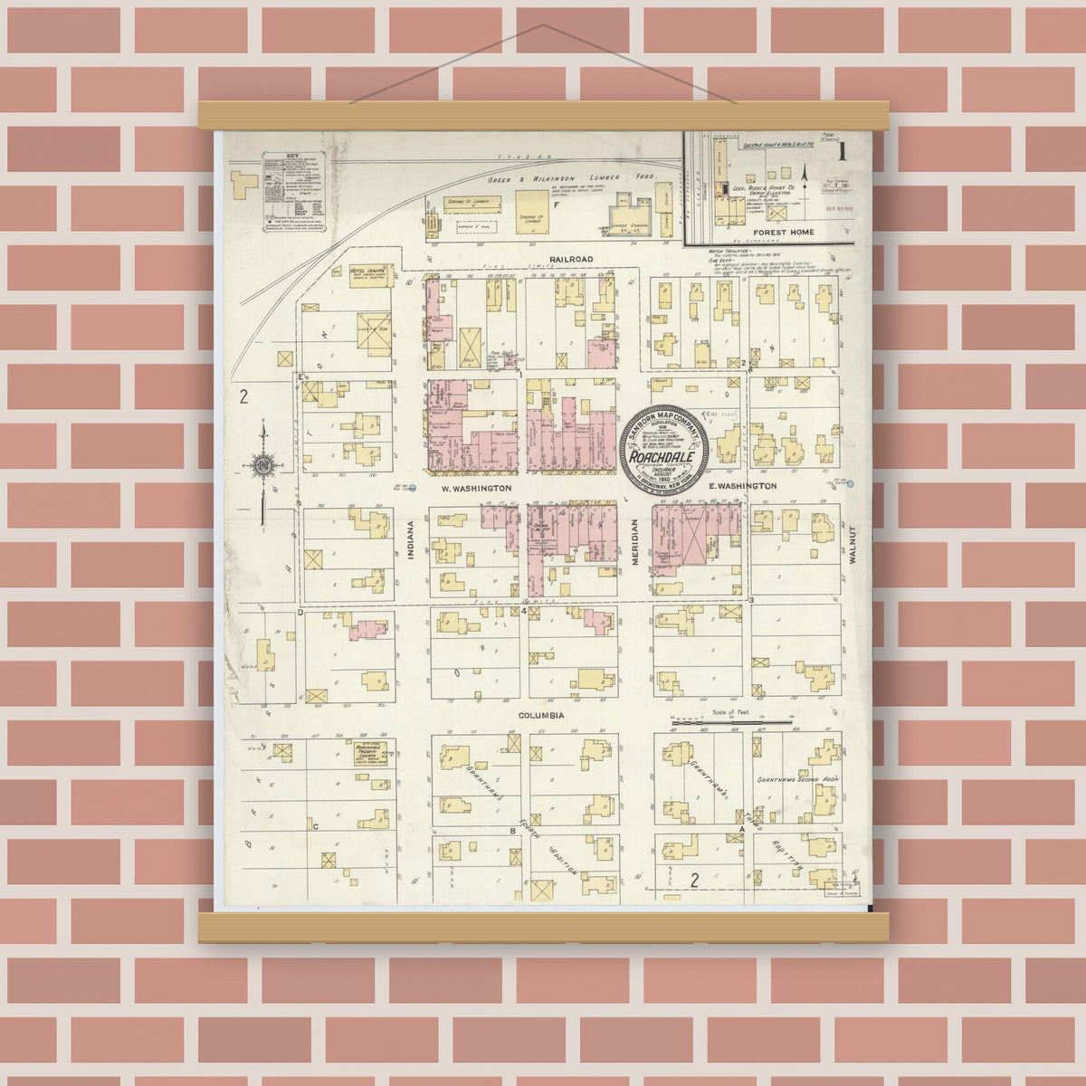 Old map wall art mockup — magnetic wood frame on brick wall — Sanborn Fire Insurance Map from Roachdale, Putnam County, Indiana (1910), Sheet #0001