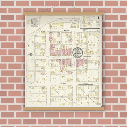 Old map wall art mockup — magnetic wood frame on brick wall — Sanborn Fire Insurance Map from Roachdale, Putnam County, Indiana (1910), Sheet #0001