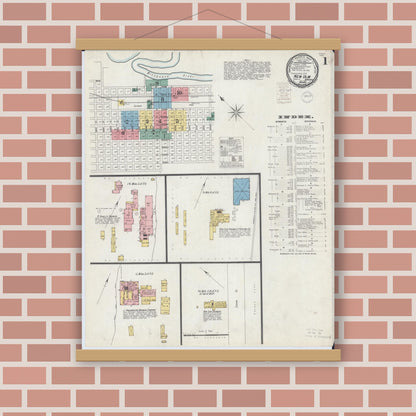 Old map wall art mockup — magnetic wood frame on brick wall — Sanborn Fire Insurance Map from New Ulm, Brown County, Minnesota (1899), Sheet #0001