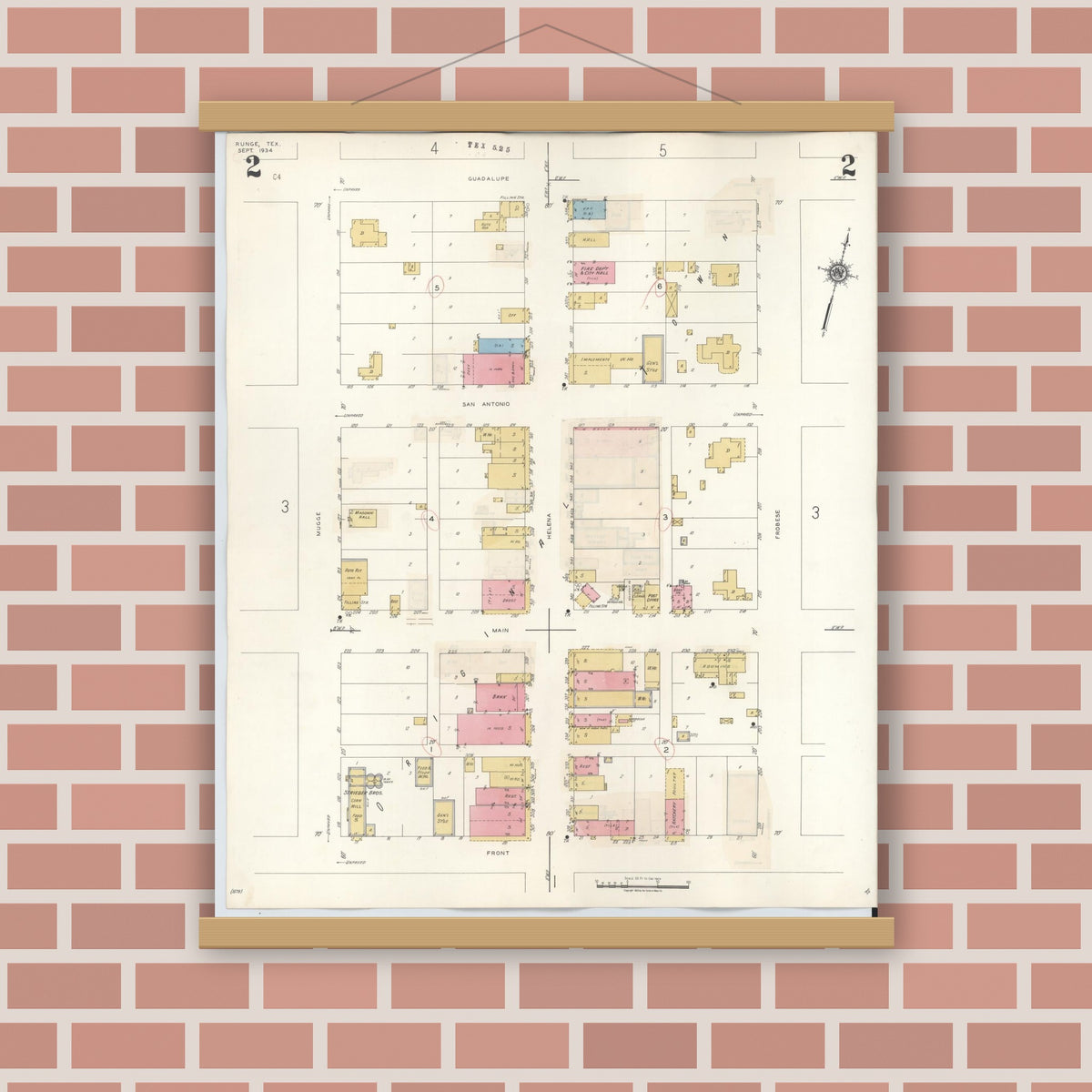Old map wall art mockup — magnetic wood frame on brick wall — Sanborn Fire Insurance Map from Runge, Karnes County, Texas (1944), Sheet #0002