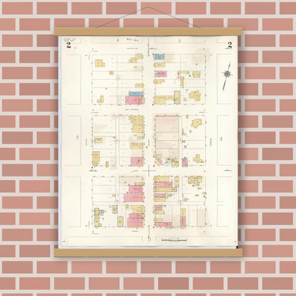 Old map wall art mockup — magnetic wood frame on brick wall — Sanborn Fire Insurance Map from Runge, Karnes County, Texas (1944), Sheet #0002