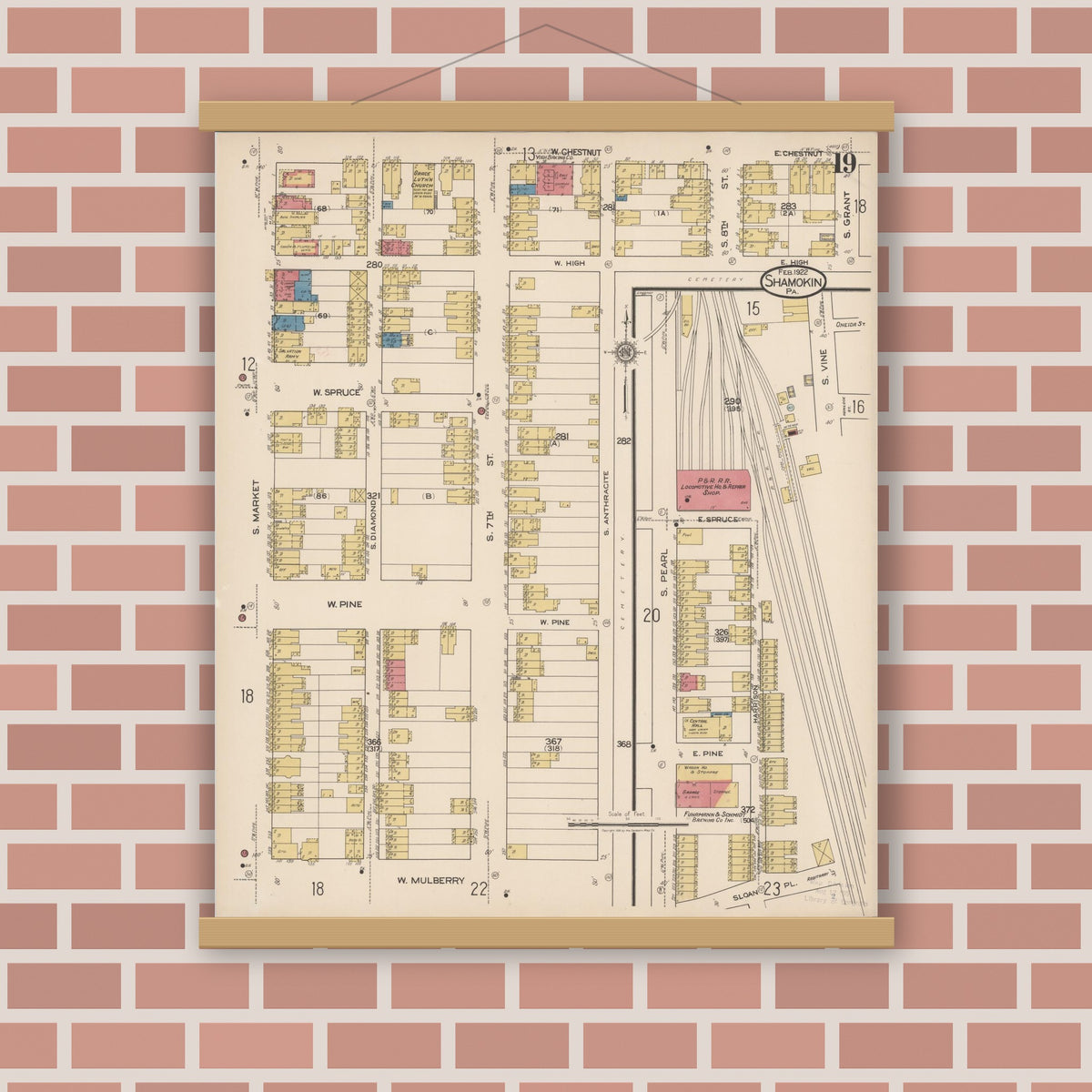 Old map wall art mockup — magnetic wood frame on brick wall — Sanborn Fire Insurance Map from Shamokin, Northumberland County, Pennsylvania (1922), Sheet #0019