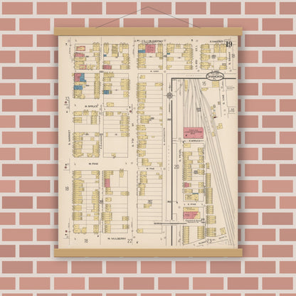 Old map wall art mockup — magnetic wood frame on brick wall — Sanborn Fire Insurance Map from Shamokin, Northumberland County, Pennsylvania (1922), Sheet #0019