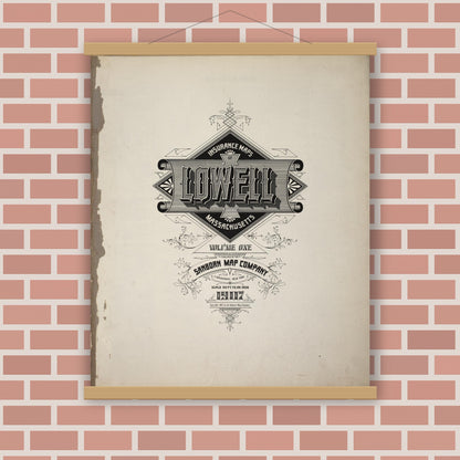 Old map wall art mockup — magnetic wood frame on brick wall — Sanborn Fire Insurance Map from Lowell, Middlesex County, Massachusetts (1907), Sheet #0001