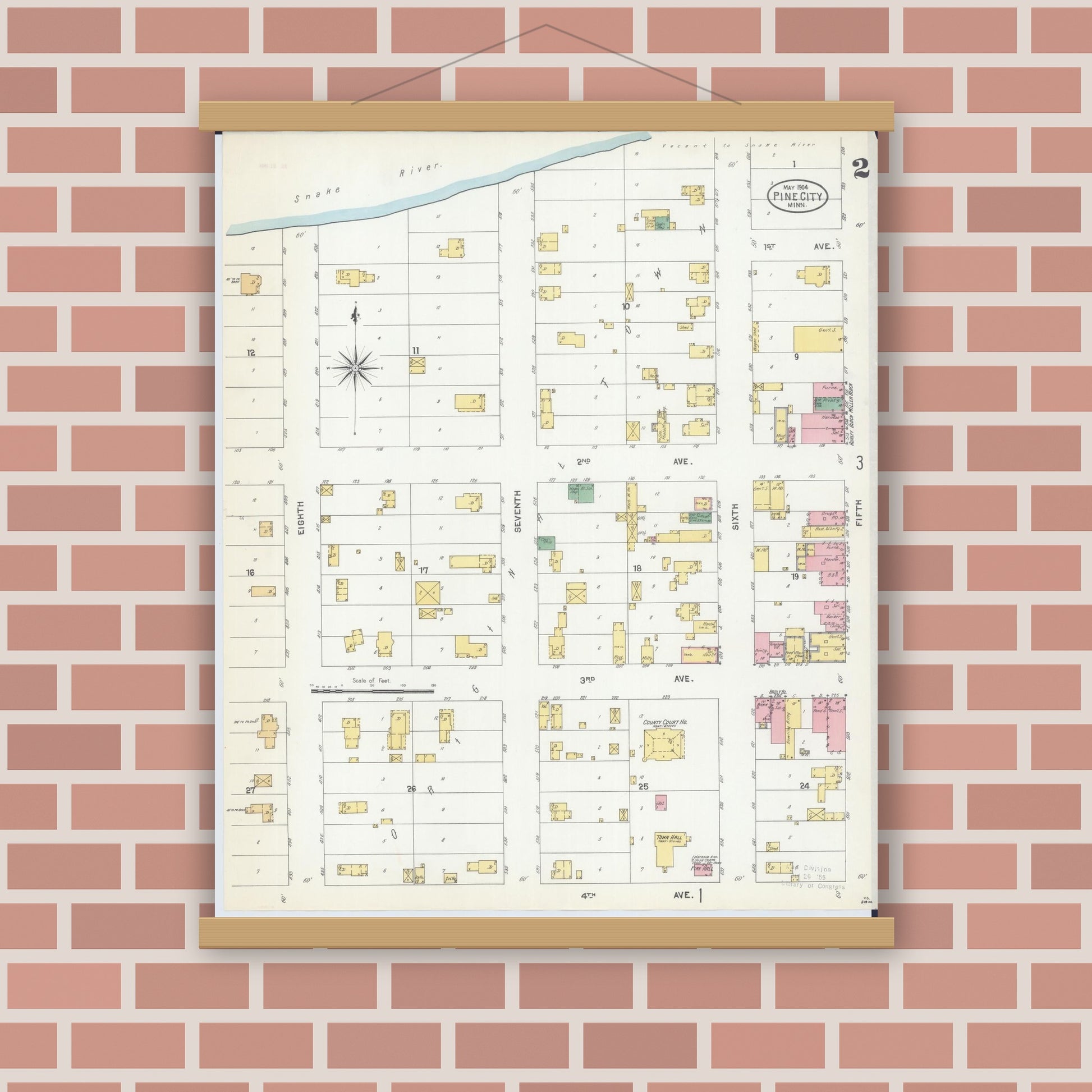 Old map wall art mockup — magnetic wood frame on brick wall — Sanborn Fire Insurance Map from Pine City, Pine County, Minnesota (1904), Sheet #0002