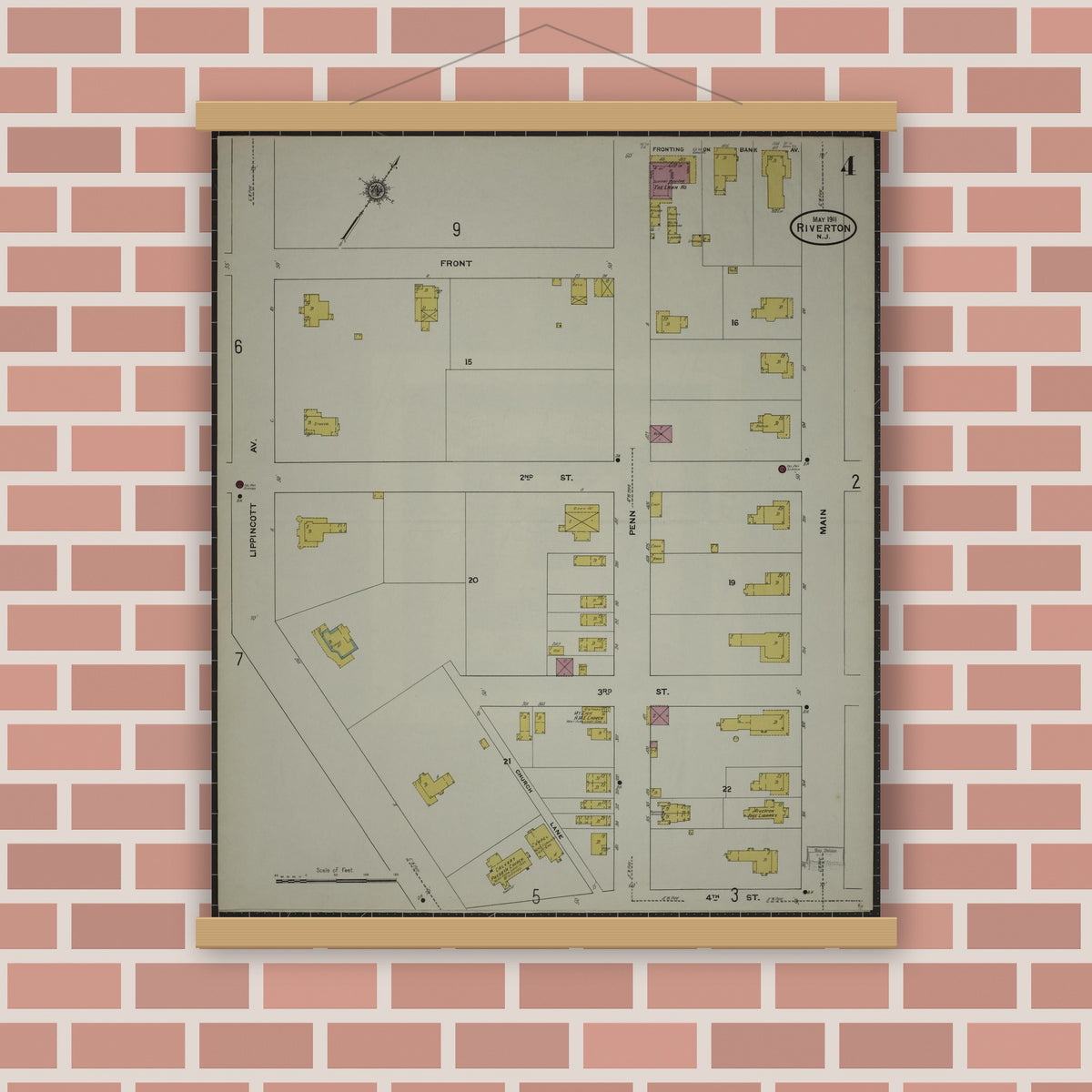 Old map wall art mockup — magnetic wood frame on brick wall — Sanborn Fire Insurance Map from Riverton, Burlington County, New Jersey (1911), Sheet #0004