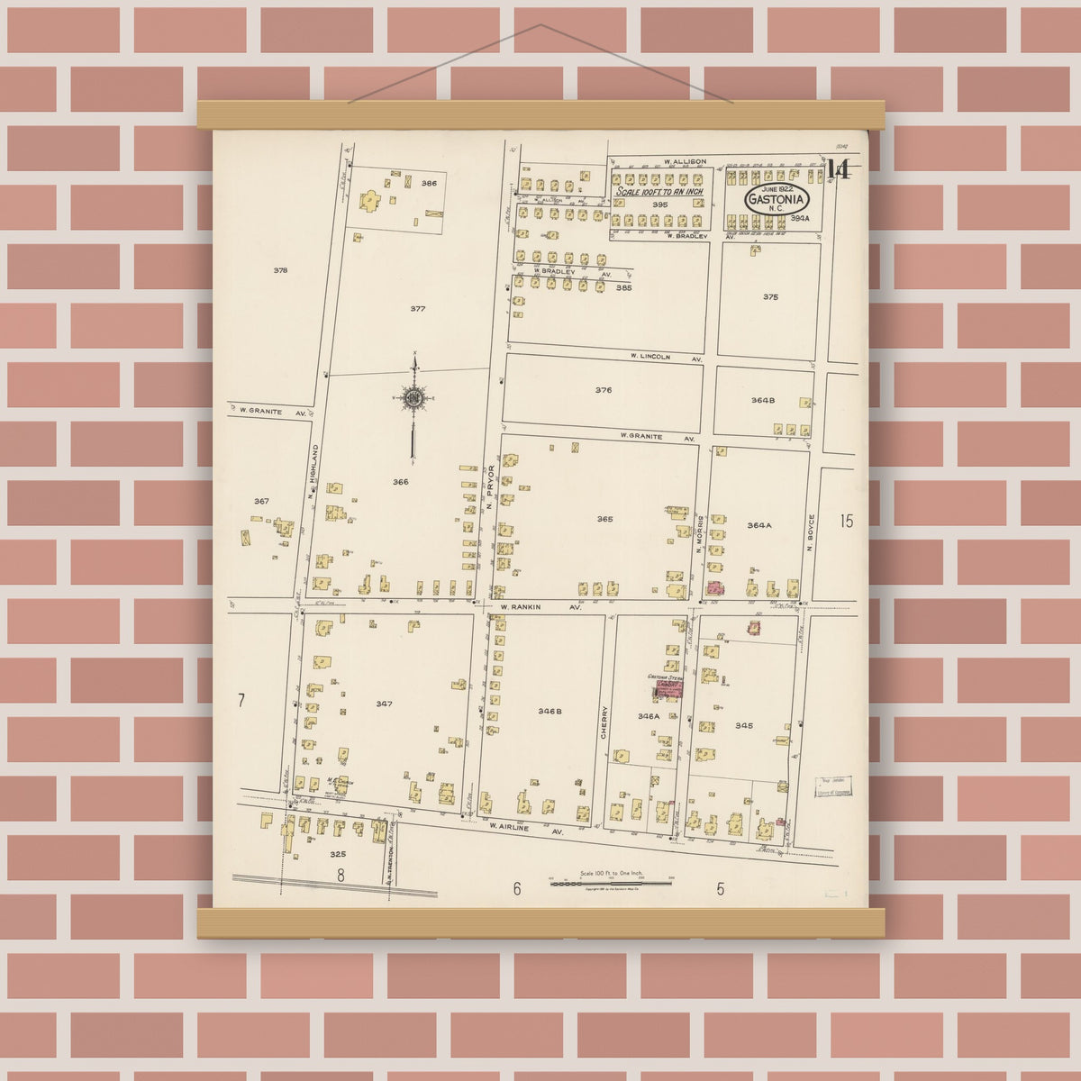 Old map wall art mockup — magnetic wood frame on brick wall — Sanborn Fire Insurance Map from Gastonia, Gaston County, North Carolina (1922), Sheet #0014