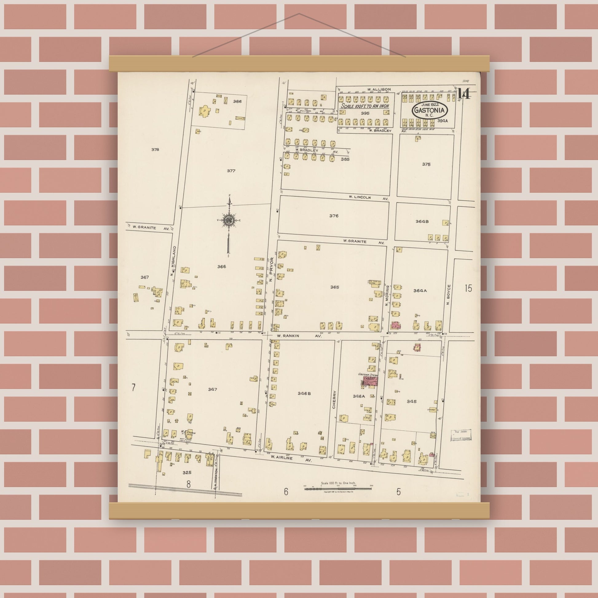 Old map wall art mockup — magnetic wood frame on brick wall — Sanborn Fire Insurance Map from Gastonia, Gaston County, North Carolina (1922), Sheet #0014