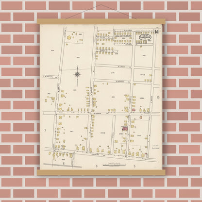 Old map wall art mockup — magnetic wood frame on brick wall — Sanborn Fire Insurance Map from Gastonia, Gaston County, North Carolina (1922), Sheet #0014