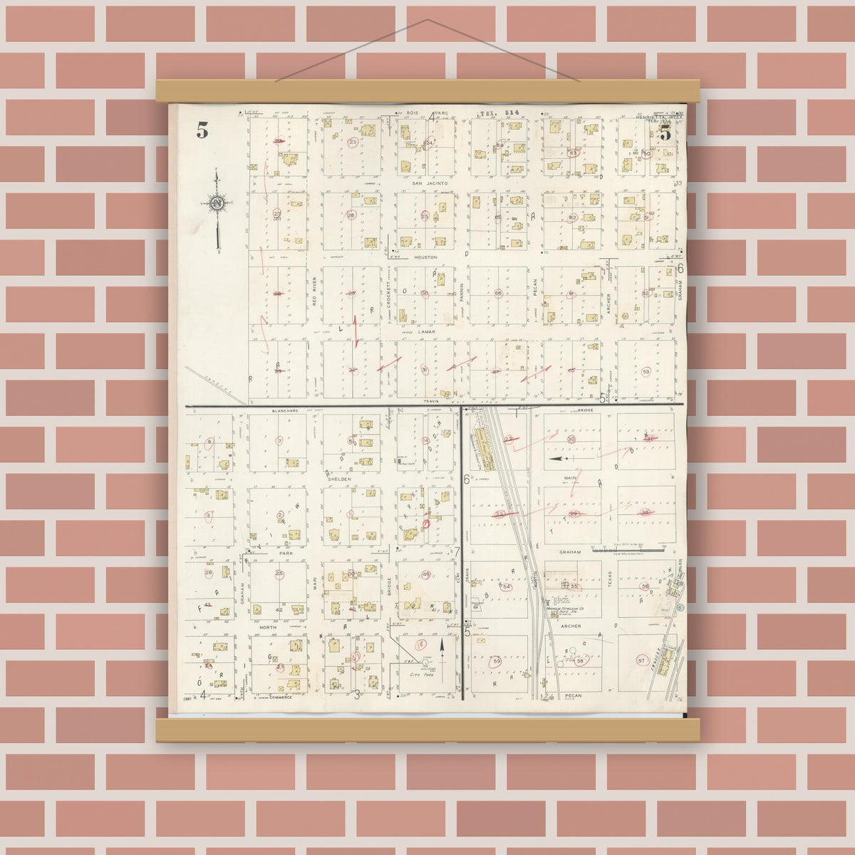 Old map wall art mockup — magnetic wood frame on brick wall — Sanborn Fire Insurance Map from Henrietta, Clay County, Texas (1944), Sheet #0005