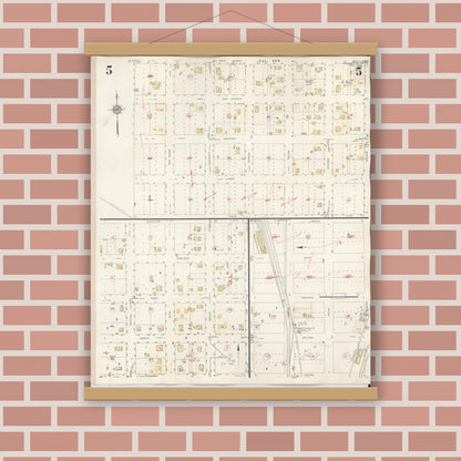 Old map wall art mockup — magnetic wood frame on brick wall — Sanborn Fire Insurance Map from Henrietta, Clay County, Texas (1944), Sheet #0005