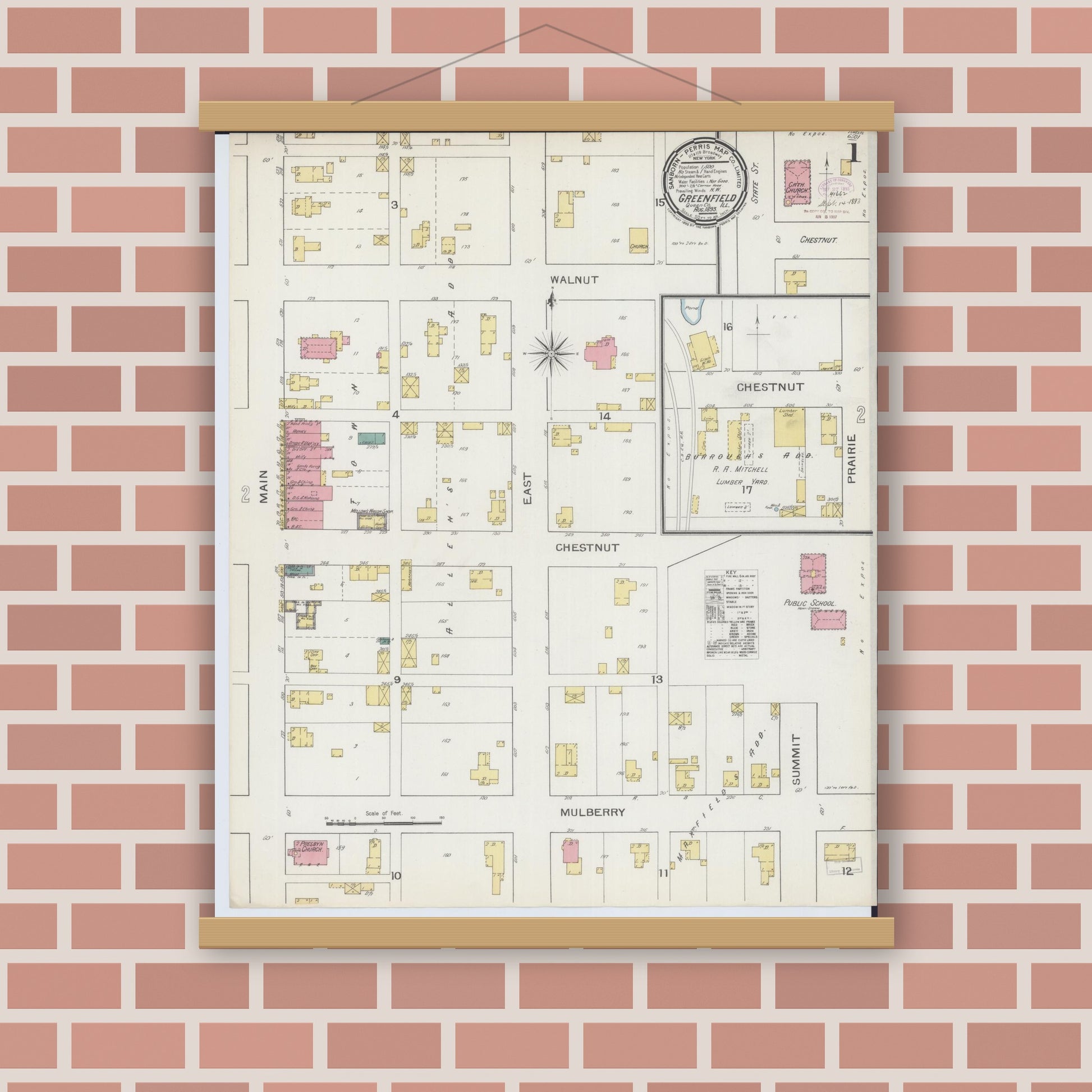 Old map wall art mockup — magnetic wood frame on brick wall — Sanborn Fire Insurance Map from Greenfield, Greene County, Illinois (1893) - Complete Map Set
