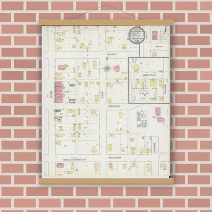 Old map wall art mockup — magnetic wood frame on brick wall — Sanborn Fire Insurance Map from Greenfield, Greene County, Illinois (1893) - Complete Map Set