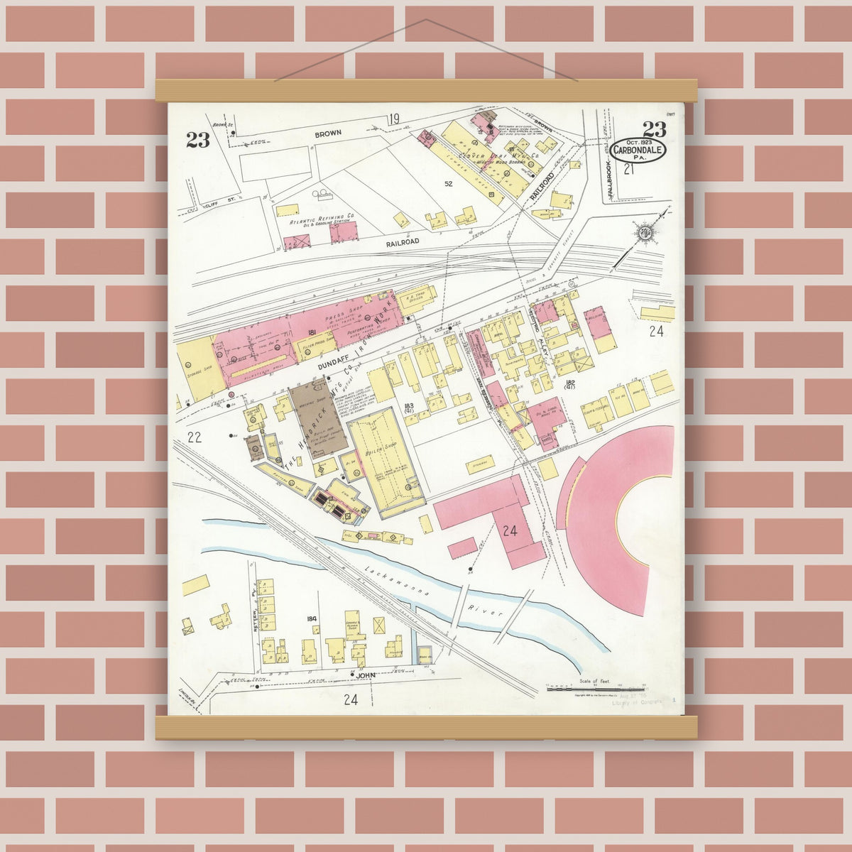 Old map wall art mockup — magnetic wood frame on brick wall — Sanborn Fire Insurance Map from Carbondale, Lackawanna County, Pennsylvania (1923), Sheet #0023