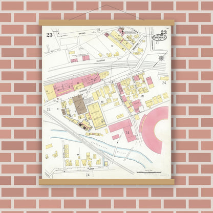 Old map wall art mockup — magnetic wood frame on brick wall — Sanborn Fire Insurance Map from Carbondale, Lackawanna County, Pennsylvania (1923), Sheet #0023