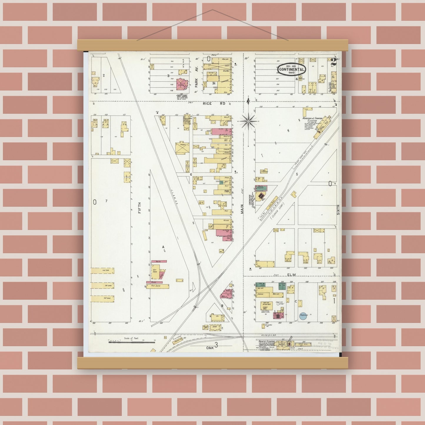Old map wall art mockup — magnetic wood frame on brick wall — Sanborn Fire Insurance Map from Continental, Putnam County, Ohio (1901), Sheet #0002