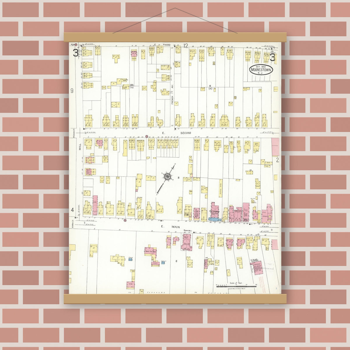Old map wall art mockup — magnetic wood frame on brick wall — Sanborn Fire Insurance Map from Moorestown, Burlington County, New Jersey (1923), Sheet #0003