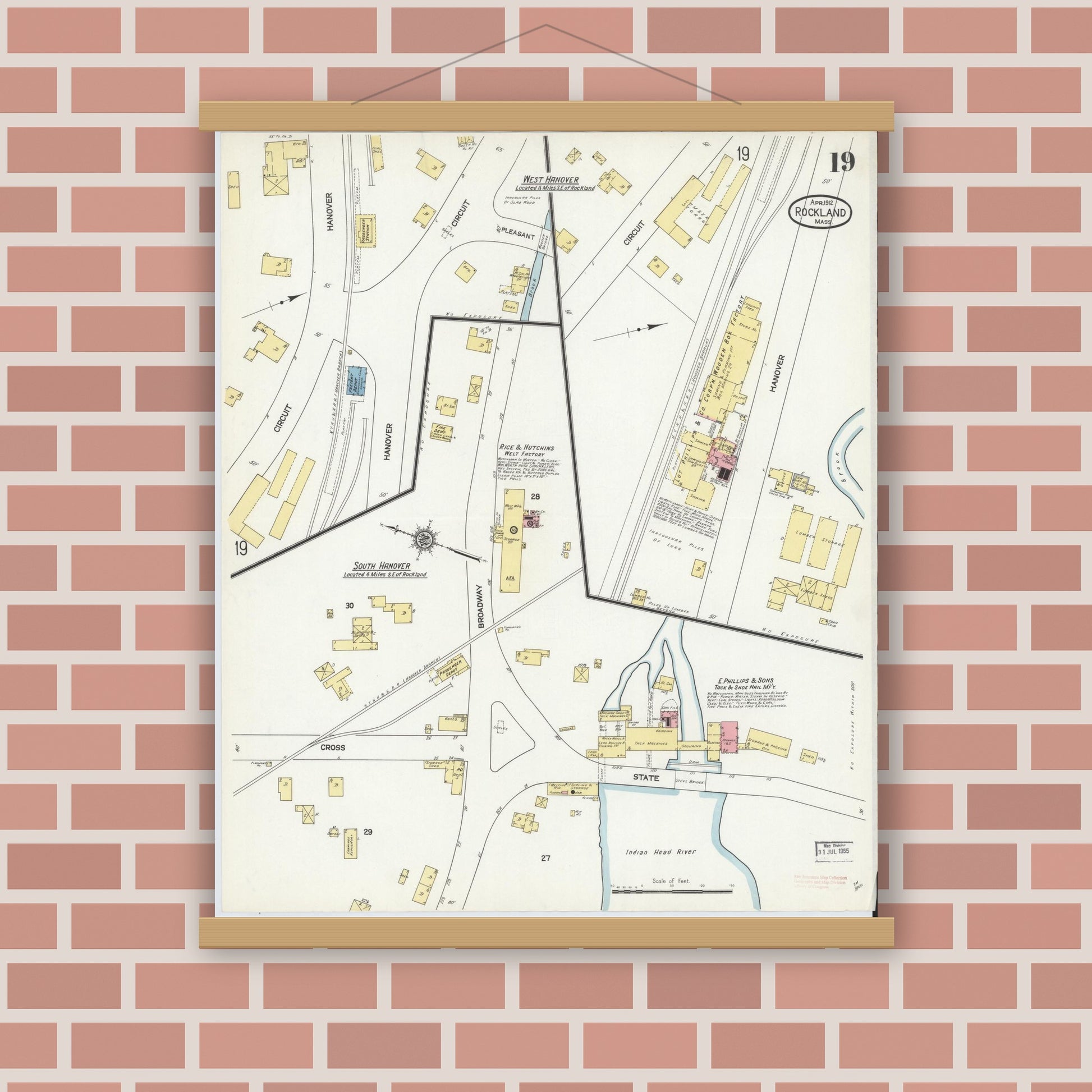 Old map wall art mockup — magnetic wood frame on brick wall — Sanborn Fire Insurance Map from Rockland, Plymouth County, Massachusetts (1912), Sheet #0019