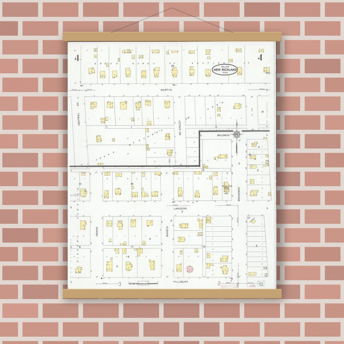 Old map wall art mockup — magnetic wood frame on brick wall — Sanborn Fire Insurance Map from New Richland, Waseca County, Minnesota (1930), Sheet #0004
