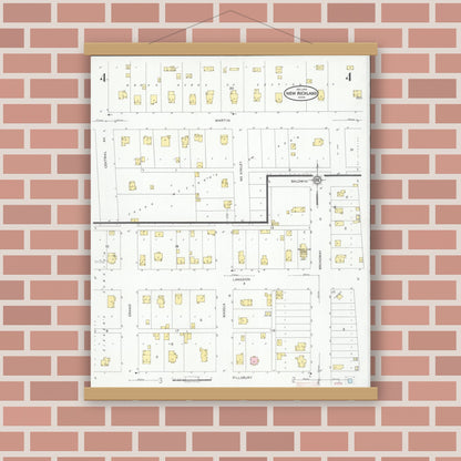 Old map wall art mockup — magnetic wood frame on brick wall — Sanborn Fire Insurance Map from New Richland, Waseca County, Minnesota (1930), Sheet #0004