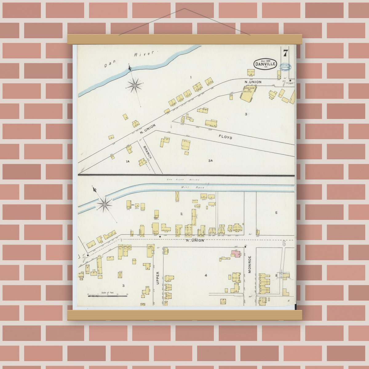 Old map wall art mockup — magnetic wood frame on brick wall — Sanborn Fire Insurance Map from Danville, Independent Cities, Virginia (1894), Sheet #0007