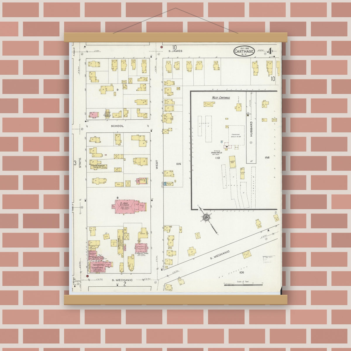 Old map wall art mockup — magnetic wood frame on brick wall — Sanborn Fire Insurance Map from Carthage, Jefferson County, New York (1915), Sheet #0004