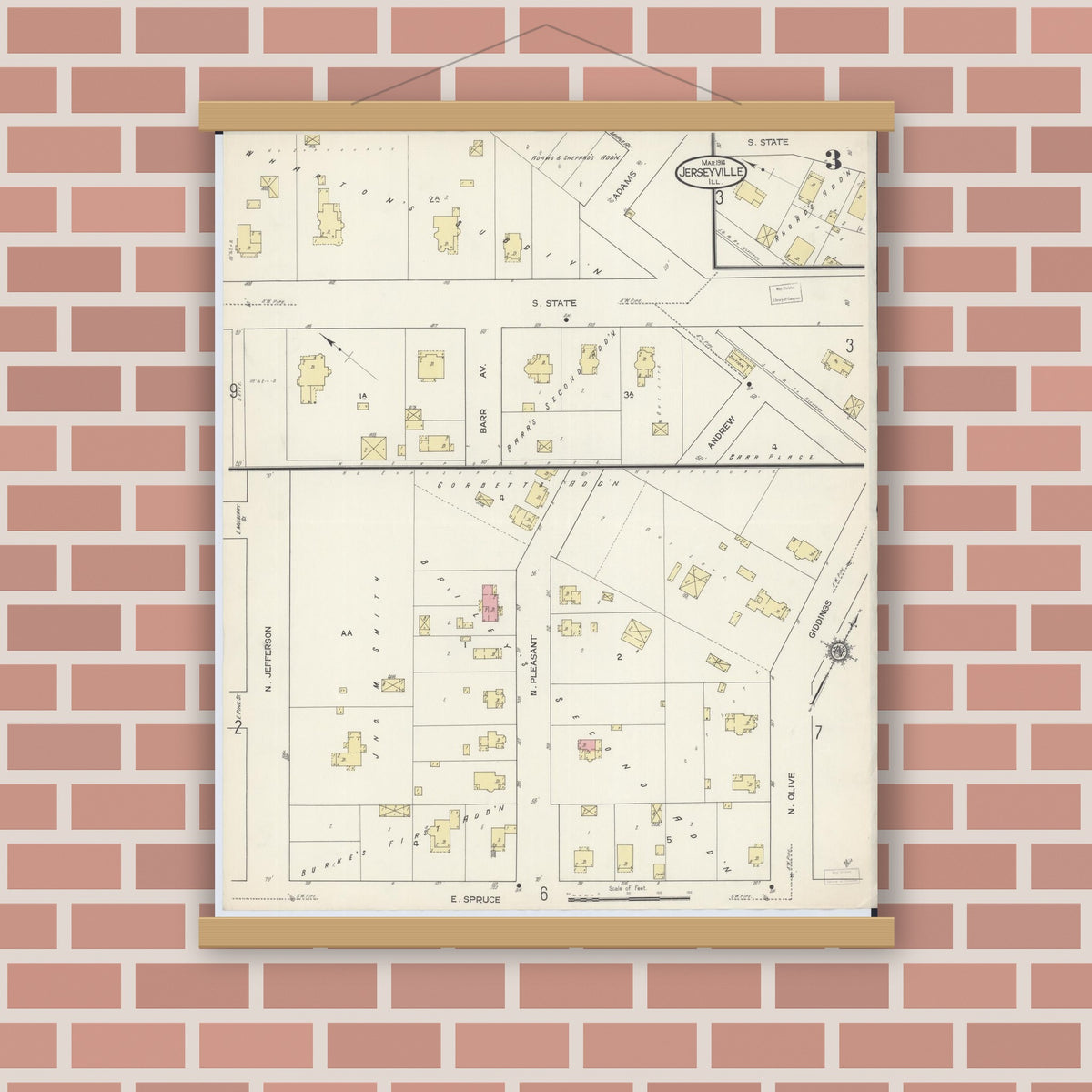 Old map wall art mockup — magnetic wood frame on brick wall — Sanborn Fire Insurance Map from Jerseyville, Jersey County, Illinois (1914), Sheet #0003