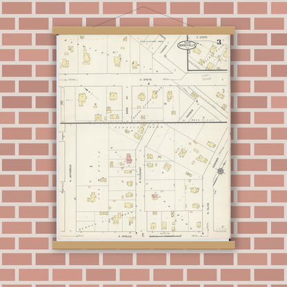 Old map wall art mockup — magnetic wood frame on brick wall — Sanborn Fire Insurance Map from Jerseyville, Jersey County, Illinois (1914), Sheet #0003