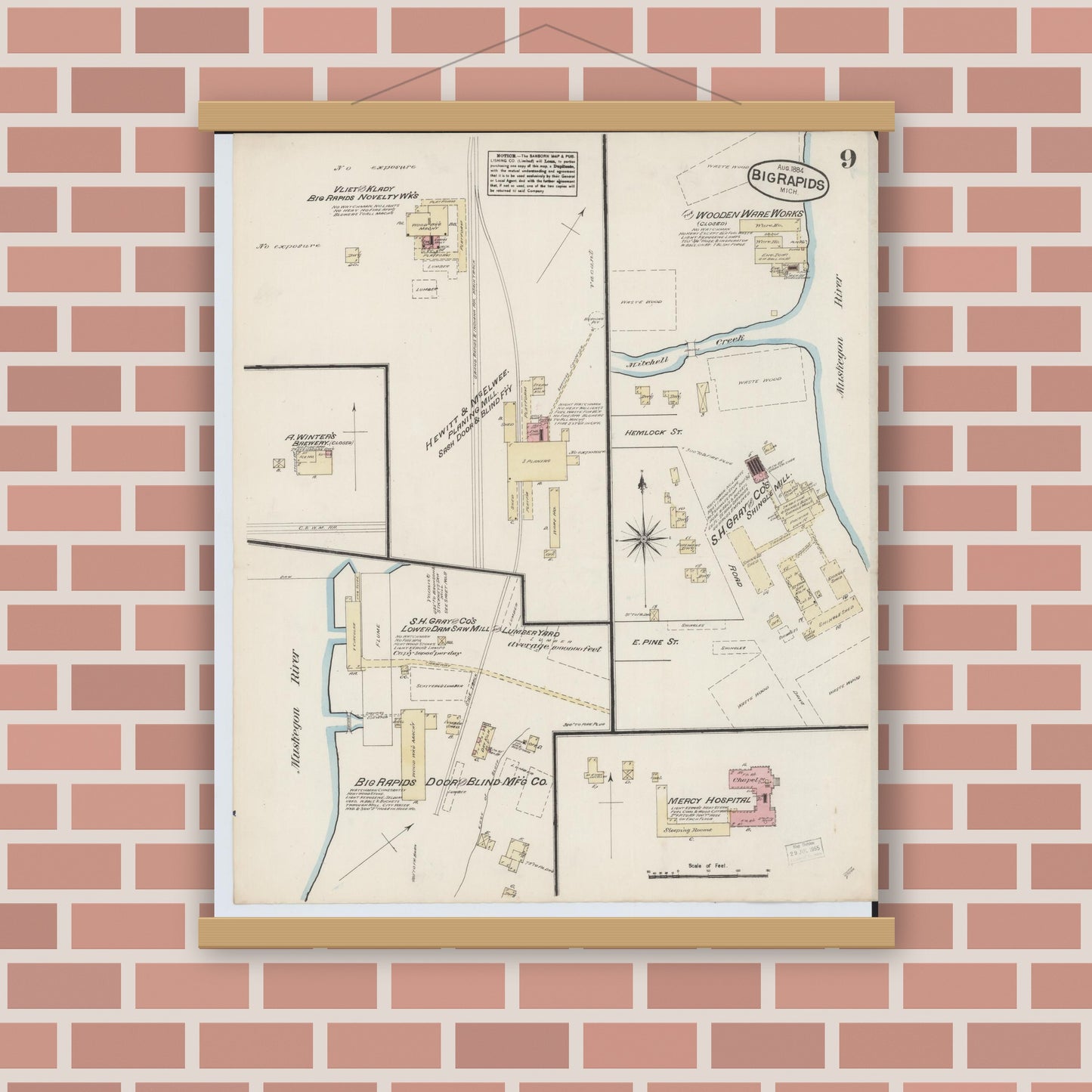 Old map wall art mockup — magnetic wood frame on brick wall — Sanborn Fire Insurance Map from Big Rapids, Mecosta County, Michigan (1884), Sheet #0009
