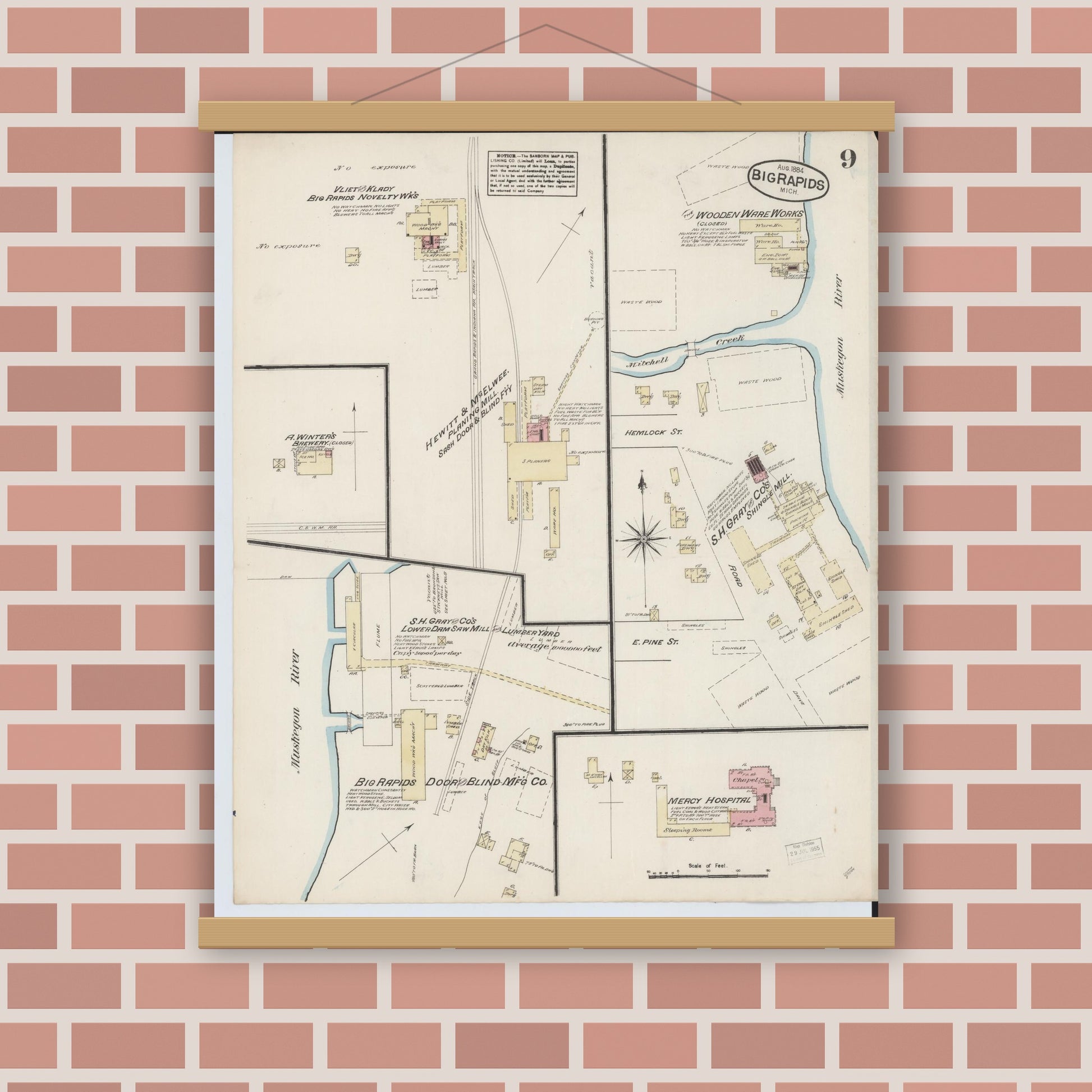 Old map wall art mockup — magnetic wood frame on brick wall — Sanborn Fire Insurance Map from Big Rapids, Mecosta County, Michigan (1884), Sheet #0009