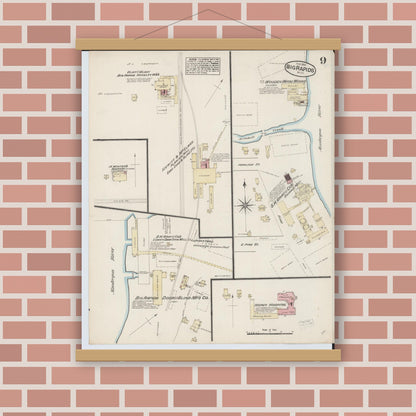Old map wall art mockup — magnetic wood frame on brick wall — Sanborn Fire Insurance Map from Big Rapids, Mecosta County, Michigan (1884), Sheet #0009