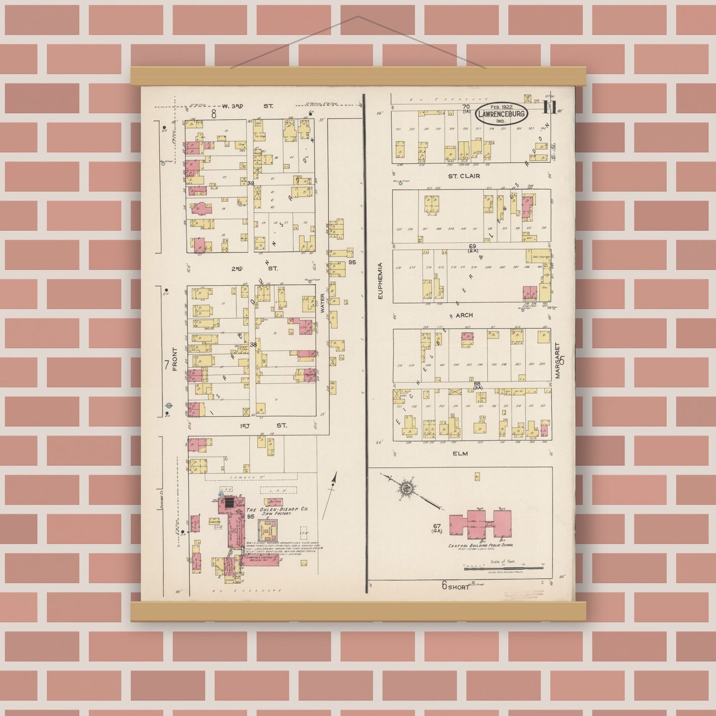 Old map wall art mockup — magnetic wood frame on brick wall — Sanborn Fire Insurance Map from Lawrenceburg, Dearborn County, Indiana (1922), Sheet #0011