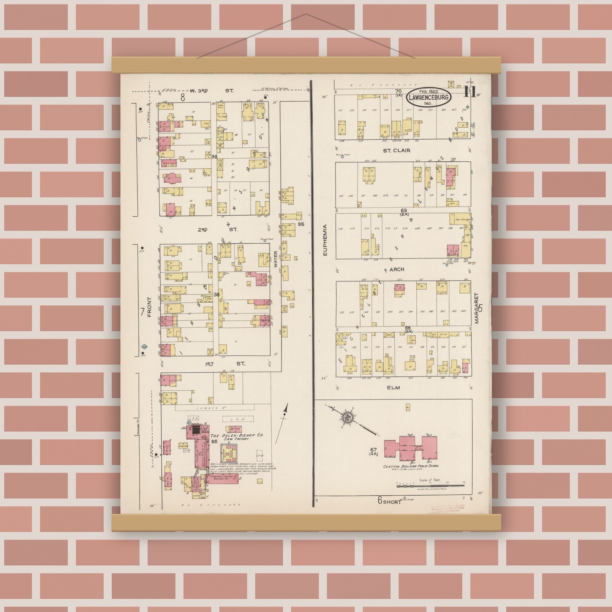 Old map wall art mockup — magnetic wood frame on brick wall — Sanborn Fire Insurance Map from Lawrenceburg, Dearborn County, Indiana (1922), Sheet #0011