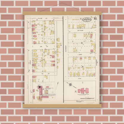 Old map wall art mockup — magnetic wood frame on brick wall — Sanborn Fire Insurance Map from Lawrenceburg, Dearborn County, Indiana (1922), Sheet #0011