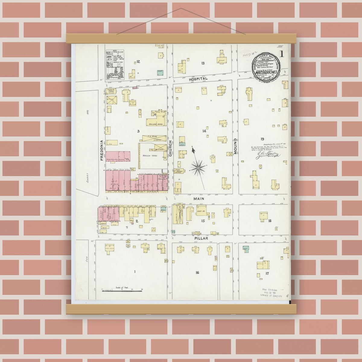 Old map wall art mockup — magnetic wood frame on brick wall — Sanborn Fire Insurance Map from Nacogdoches, Nacogdoches County, Texas (1891), Sheet #0001
