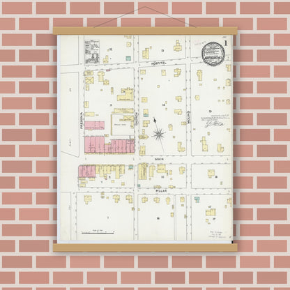 Old map wall art mockup — magnetic wood frame on brick wall — Sanborn Fire Insurance Map from Nacogdoches, Nacogdoches County, Texas (1891), Sheet #0001