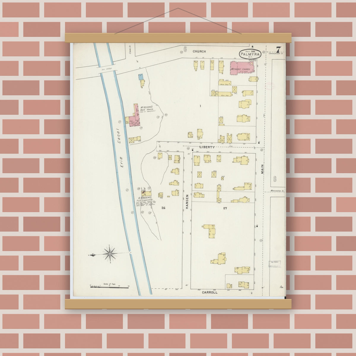 Old map wall art mockup — magnetic wood frame on brick wall — Sanborn Fire Insurance Map from Palmyra, Wayne County, New York (1894), Sheet #0007