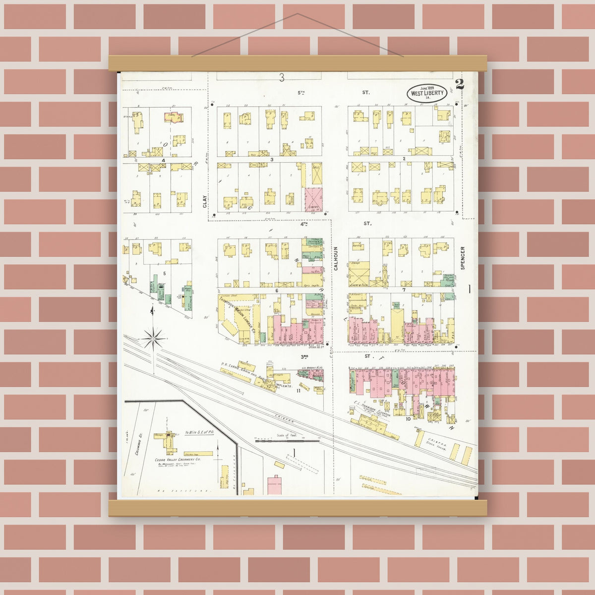 Old map wall art mockup — magnetic wood frame on brick wall — Sanborn Fire Insurance Map from West Liberty, Muscatine County, Iowa (1899), Sheet #0002